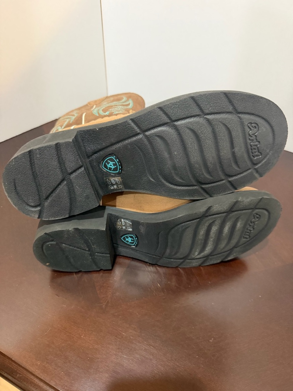 Ariat Tan and Brown Ladies Fat Baby Western Boots with Teal Stitching - Picture 4 of 7